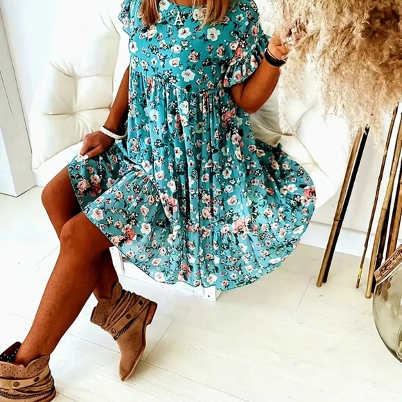 Floral Teal Dress - Picture 1 of 6